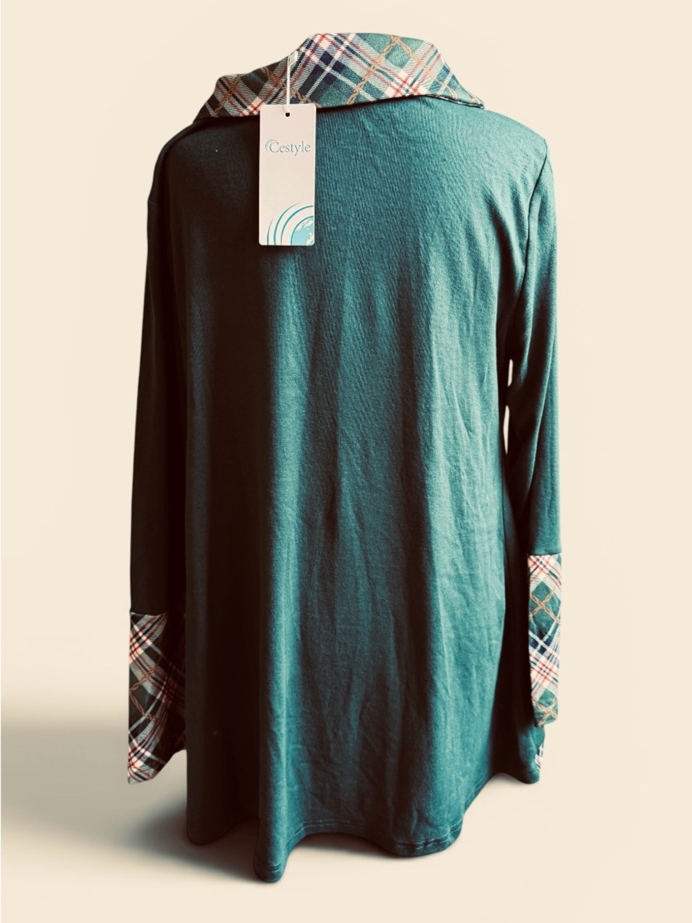 Cestyle Plaid-Accent Dark Green Asymmetrical Hem Long Sleeve Tunic Top Sz L, NWT - Picture 4 of 13